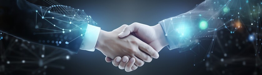 Business partners shaking hands in a digital environment, symbolizing agreement, partnership, and technology integration.