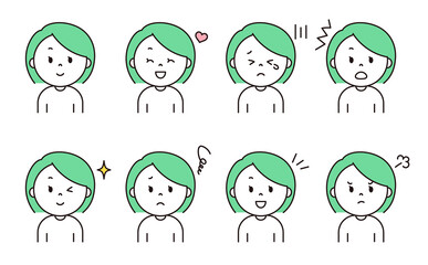 シンプルな女性の表情セット03_緑色
