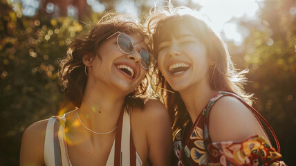 Two women smiling and laughing in sunlight