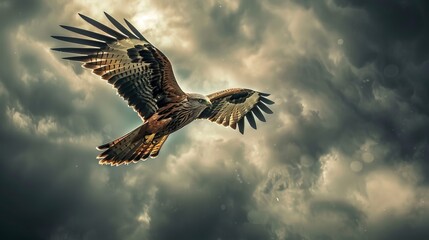 Obraz premium Red kite in flight, stormy sky as the background, looking up at its spread wings, raw and dramatic, powerful imagery