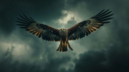 Obraz premium Red kite in flight, stormy sky as the background, looking up at its spread wings, raw and dramatic, powerful imagery