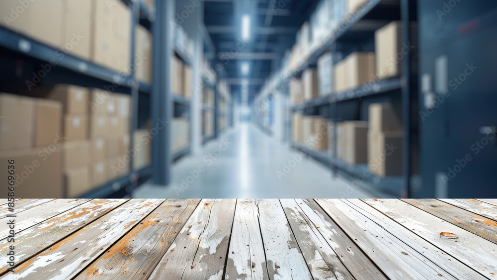 Poster empty wood table top with blur background of warehouse of factory. the table giving copy space for p