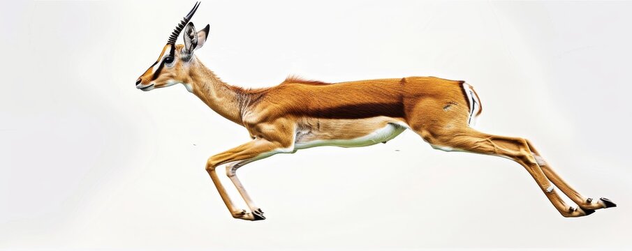 Springbok antelope in mid-air leap on white background, side profile. Wildlife and nature concept
