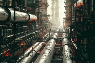 Lots of industry pipelines inside refinery complex. Postproducted generative