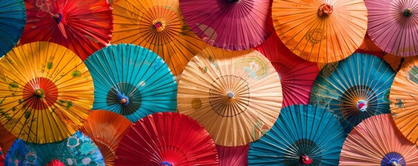 Colorful traditional asian umbrellas background, vibrant pattern. Cultural heritage and artistic craftsmanship concept