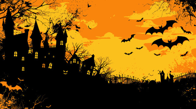 Halloween Castle Silhouette with Flying Bats and Orange Sky