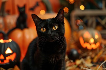 Black cat with yellow eyes in front of Halloween pumpkins and decorations.