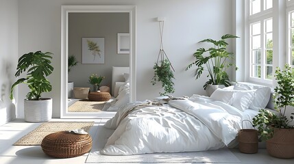Serene Scandinavian Inspired Bedroom with Sleek Framed Mirror Reflecting Natural Light