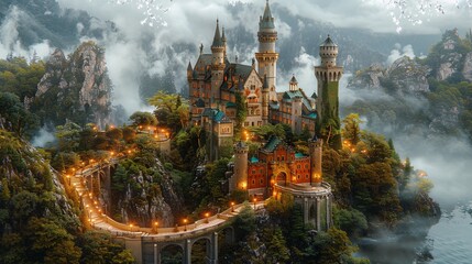 Fototapeta premium A stunning castle with multiple towers and ornate architecture surrounded by a misty forest landscape creating a magical and fairy-tale-like scene ideal for fantasy themes