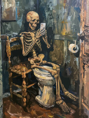 Skeletal Figure on Toilet, Engrossed in Cell Phone, Amidst Dilapidated Bathroom