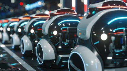 A group of delivery robots huddle together at a charging station powered by 5G technology and ready to hit the streets again after a quick recharge.