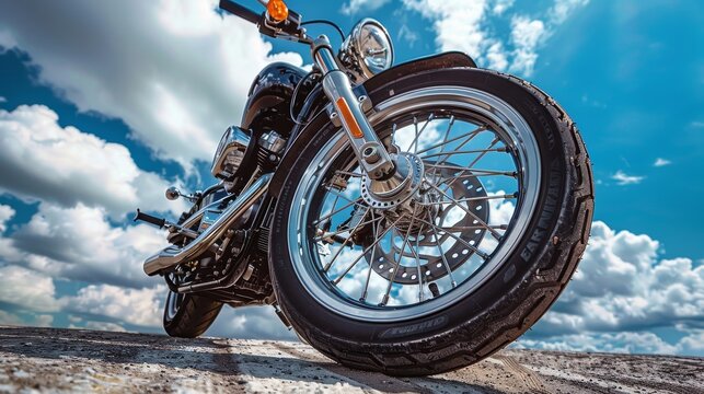 Shiny motorcycle wheel with detailed front suspension, under a blue sky with white clouds, raw style, crisp and vivid