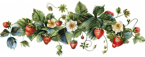 Strawberry plant with fruits and flowers illustration, botanical art. Nature and flora concept