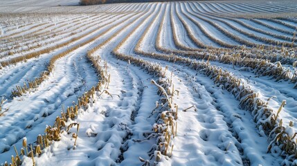 Fototapeta premium Snowy maize field with curved rows of stubbles, raw and detailed, serene winter landscape, intricate patterns