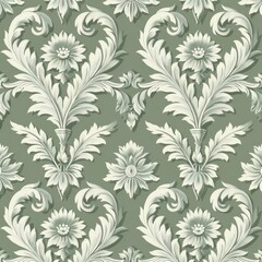 Naklejka premium Design a repeating Louis pattern featuring classical rosette motifs. Use a monochromatic palette with shades of green. The pattern should be refined and decorative, ideal for high-end fabric designs.