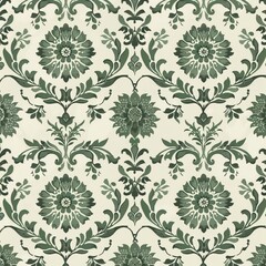 Design a repeating Louis pattern featuring classical rosette motifs. Use a monochromatic palette with shades of green. The pattern should be refined and decorative, ideal for high-end fabric designs.