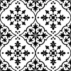 Obraz premium Create a repeating Louis pattern with stylized quatrefoil elements. Use a two-color palette with black and white. The pattern should be elegant and timeless, suitable for sophisticated fabric