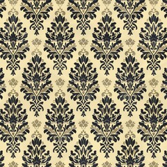 Create a repeating damask pattern featuring intricate floral motifs. Use a two-tone color scheme with gold and black. The design should be elegant and luxurious, perfect for high-end fabric prints.