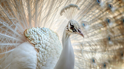 Fototapeta premium Impressive Displaying male white peacock, AI Generative.