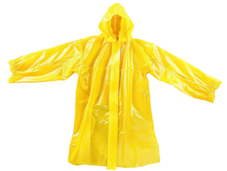 A yellow raincoat is shown with a white background