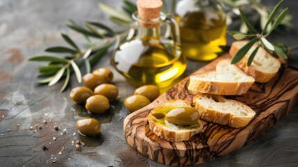 Mediterranean Appetizer Presentation with Olives Olive Oil Bread and Olive Branches on Wooden Board