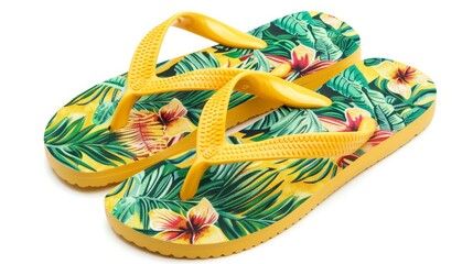 Yellow and green flip flops featuring a tropical print, humorous theme, isolated against a white background, bright and fun, detailed