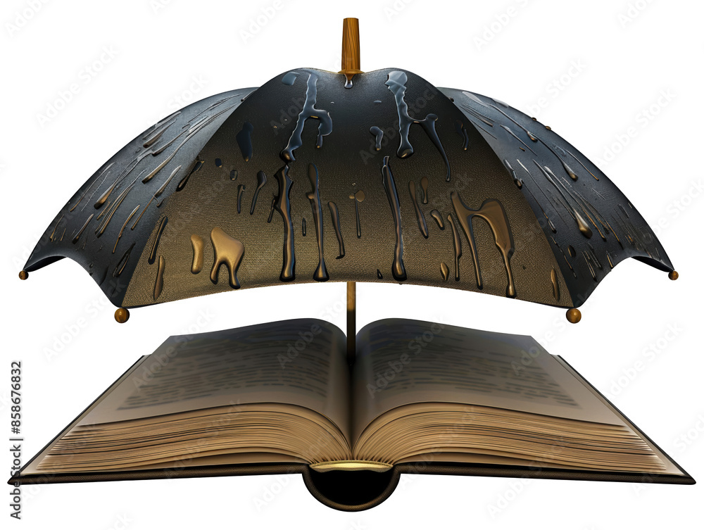 Poster a book is open to a page with an umbrella on top of it