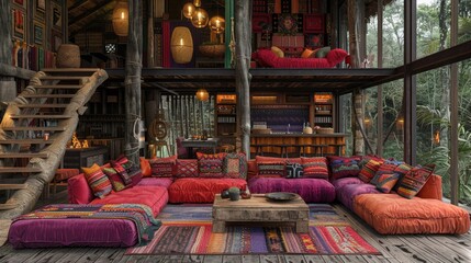 Naklejka premium Home mockup, nomadic boho interior background with rustic decor, 3d render 