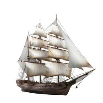 A large white ship sails on a white background