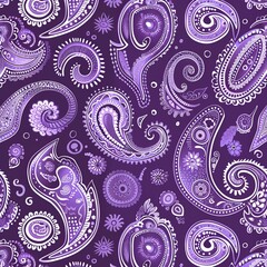 Create a repeating paisley pattern with paisley shapes forming a swirl pattern. Use a monochromatic palette with shades of purple for a bold and vibrant look.