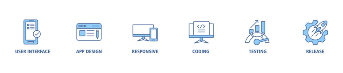 App development banner web icon set vector illustration concept with icon of user interface, app design, responsive, coding, testing and release