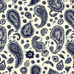Design a repeating paisley pattern with paisley elements arranged in a scattered, random layout. Use a two-color palette with contrasting colors such as navy blue and white.