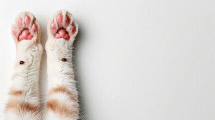 Close up of two cute cat s pink paws with white space