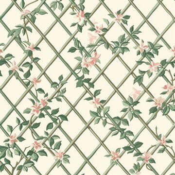 Create a repeating trellis pattern featuring intertwined vines and floral elements within each lattice section. Use a two-color palette with soft shades of pink and green for a romantic and