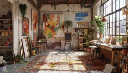 Fototapeta premium Boho style art studio filled with art supplies, canvases and paintings