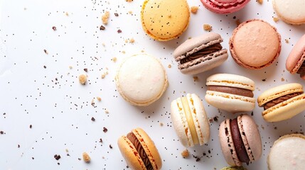 Assorted French macarons on white background in close up with crumbs around sweet treats flat lay with room for text overhead view