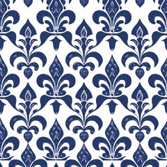 Fototapeta premium Design a repeating Fleur De Lis pattern with large, ornate fleur de lis motifs arranged in a grid. Use a monochromatic palette with shades of royal blue for a regal and majestic look.