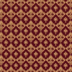 Create a repeating Fleur De Lis pattern featuring small, intricate fleur de lis motifs densely packed together. Use a two-color palette with gold and burgundy for a luxurious and opulent design.
