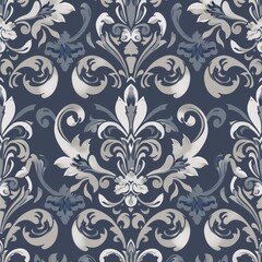 Design a repeating Fleur De Lis pattern with fleur de lis motifs surrounded by delicate floral embellishments. Use a two-color palette with silver and navy blue for a refined and sophisticated look.