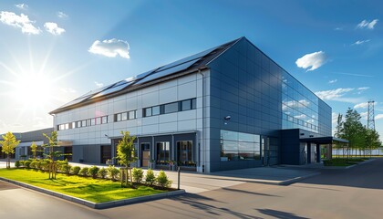 Modern industrial building with glass facade, surrounded by greenery and clear sky, representing contemporary architecture and clean energy.