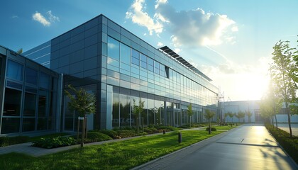 Modern office building with glass exterior and green landscaping under a bright sky, featuring clean lines and contemporary design.