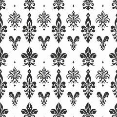 Fototapeta premium Design a repeating Fleur De Lis pattern with fleur de lis motifs arranged in a scattered, random layout. Use a two-color palette with contrasting colors such as black and white for a graphic and