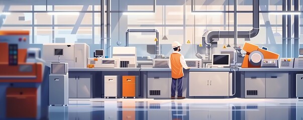 Technician working with advanced industrial machines in a modern factory setting with high-tech equipment and tools.