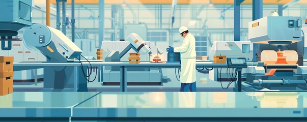 A technician in protective gear operates machinery in a modern factory, emphasizing automation and advanced manufacturing technology.