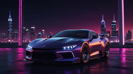 Fototapeta premium Close up of a car with neon lights on floor. Perfect for backgrounds, automotive articles, nightlife concepts, and urban design themes.