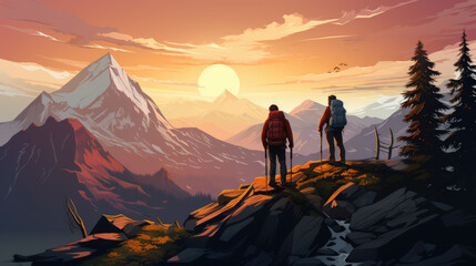 Fototapeta premium cartoon of a hiker and a friend reach the mountain top, vibrant colors, cheerful expressions, inspiring scenery