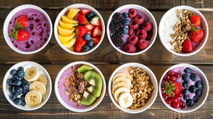 Assorted smoothie bowls with fresh fruits and granola on wooden background, healthy breakfast and nutrition concept
