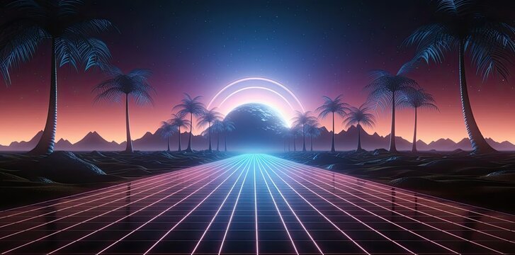 80s theme background with palm trees on the beach