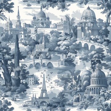 Generate a repeating Toile de Jouy pattern with scenes of bustling city life and architectural landmarks. Use a single color like slate blue to convey a sense of urban elegance and sophistication.