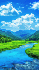 Fototapeta premium Serene Mountain Valley with a Blue River and Fluffy Clouds